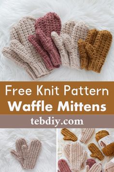 knitted mittens with text that reads free knitting pattern waffle mittens