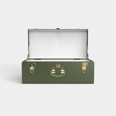 an empty green suitcase with gold handles on a white background, showing the open lid