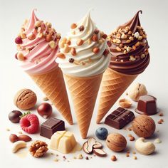 three ice cream cones filled with different types of desserts and nuts on a white surface