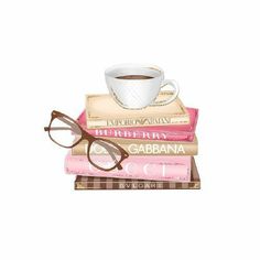 a stack of books with glasses and a cup of coffee on top