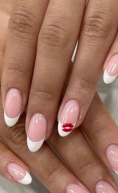 French Polish Christmas Nails, Festive Tips Nails, Pink And Red Stripe Nails, Simple Nails Red And Black, Pink Tips With Gems, Winter Nails 2024 Christmas, Pink Simple Nail Ideas, Red French Tip Nails With White Line, Simple French Tips With Design