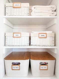 Simple neutral colored storage bins are organized on shelves with sheets, towels and cleaning supplies. Each bin has a label detailing what is in side. Linen Closet Organization, Container Store, Linen Closet, Beach Blanket, Closet Organization, Beach Towels, Picnic Blanket, Closet