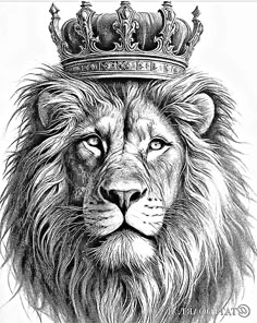 a black and white drawing of a lion with a crown on top of it's head