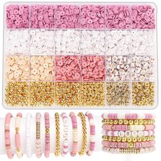 various types of beads and bracelets in a plastic container with gold, silver, pink, and white beading