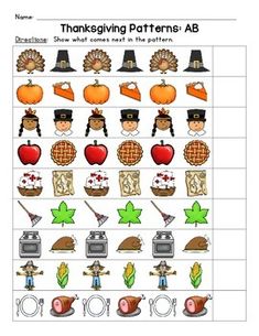 thanksgiving pattern worksheet with pictures and words