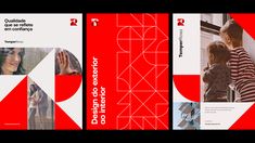 three different brochures designed to look like red and white geometric shapes with text