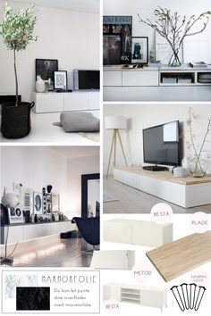 a collage of photos with various furniture and decor items in white, black, and grey colors