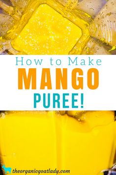 mango juice in a blender with text overlay how to make mango puree