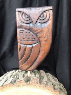 an owl carved into the side of a tree stump with black background and fabric behind it