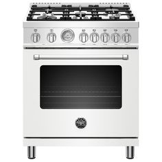 a white stove top oven with two burners and one door on the right side