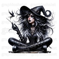 a drawing of a woman with long hair wearing a witches hat and holding a wand