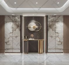 a room with marble walls and gold accents