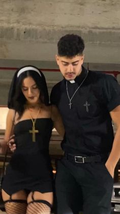 Hot Nun And Priest Costume Couple, Tall Boyfriend Short Girlfriend Halloween Costumes, Underrated Couple Costumes, Black Costume Ideas Couple, All Black Couples Costume, Hollowen Coustums Ideas For Couples, Halloween Rave Outfits Couple, Holloween Costume Ideas Couple 2023, Couple Halloween Costumes 2023 Party