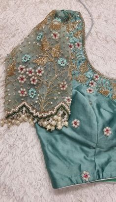 Sky Blue Maggam Work Blouse Designs, Sky Blue Pattu Saree, Work Blouses For Pattu Sarees, Pearl Work Blouses, Sky Blue Blouse Designs, Blue Designer Blouse, Marriage Blouses, Functional Outfits