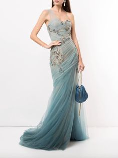 One-Shoulder Ombré Grecian Gown – Marchesa Asymmetric Gown, High Low Ball Gown, Marchesa Couture, Grecian Gown, Cobalt Dress, Drape Gowns, Gown Skirt, One Shoulder Gown, Column Gown