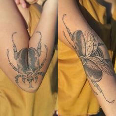 two pictures of the same person with tattoos on their arms and legs, one is holding an insect