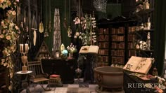 a room filled with lots of books and furniture next to a tall book shelf covered in flowers