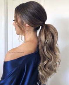 Volume Ponytail Formal, Brunette Wedding Ponytail, Party Pony Hairstyle Wedding Brunette, Wavy Low Ponytail, Unique Bridesmaid Hairstyles, Power Ponytail Wedding, Wavy Hairstyles For Prom, Curled Low Ponytail, Pony Hairstyles Wedding