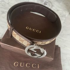 Authentic Vintage Gucci Gg Canvas & Brown Leather Interlocking G Belt 90/36 Condition Is Good, Leather Has Cracking, Hardware Has Moderate Scratches. Comes With Duster Bag, Box (Box Has Spots) Gucci Accessories, Tan Brown, Vintage Gucci, Brown Leather, Conditioner, Women Accessories, Gucci, Good Things, Canvas