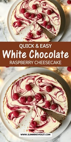 a white chocolate raspberry cheesecake on a plate