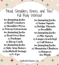 a printable workout schedule for the holiday season with text overlays that reads, head, shoulders, knees, and toe full body workout