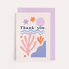 a card with the words thank you written in blue, pink and orange on it