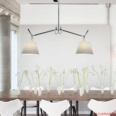 a dining room table with chairs and plants in the vases on top of it