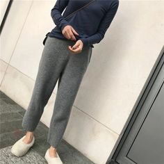 High Waist Elegant Knitted Pants – Tomscloth Casual Wide Leg Winter Bottoms, Casual Straight Leg Winter Pants, Casual Winter Trousers, Non-stretch Bottoms For Winter Loungewear, Cozy Stretch Pants With Pockets, Comfortable Gray Sweatpants For Winter, Casual Straight Pants For Winter, Cozy Pants With Pockets For Winter, Gray Stretch Pants For Winter