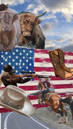 a collage of cowboy hats, boots and an american flag is featured in this image