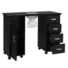 a black desk with three drawers and a white bag