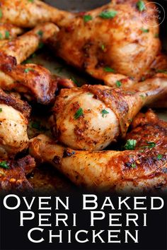 oven baked peri peri chicken with parsley on top and the title overlay reads oven baked peri peri chicken