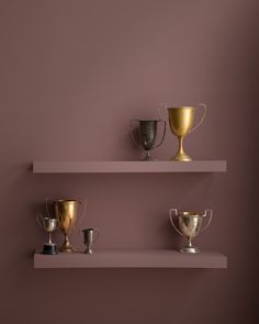 three white shelves with gold and silver trophies on them against a pink wall in a room