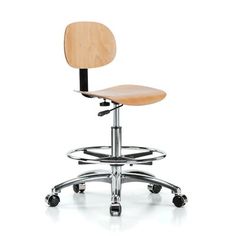 an office chair that is on wheels and has a wooden seat with metal base,