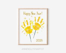 a happy new year card with two yellow flowers