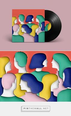 an album cover with different colored shapes and colors, including the silhouettes of people