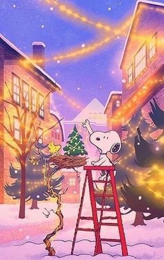 a painting of a person on a ladder with a christmas tree in front of them