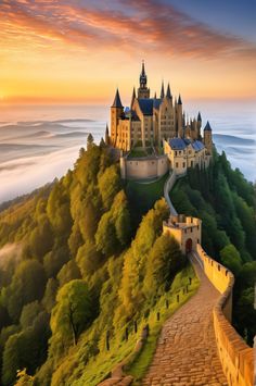 Witness the majestic Hohenzollern Castle bathed in the golden hues of sunrise. This stunning photograph captures the essence of German Gothic revival architecture, with incredible detail and breathtaking views. #travel #germany #castle #architecture Neo Gothic, Gothic Revival, Morning Mist, Stone Walls, Golden Light, Gothic Architecture, Golden Lights, Sunrise Photography