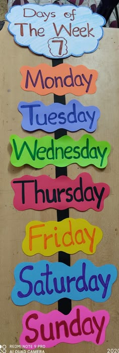 the days of the week sign is made out of wood and has different colored stickers on it