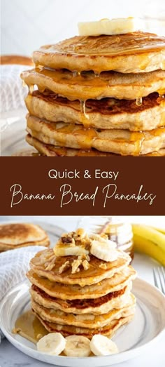 pancakes stacked on top of each other with bananas and syrup