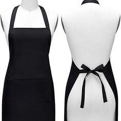 two black and white aprons on mannequins with one wearing an apron