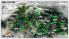 a map of the great himalayan national park, with directions to hike and other activities