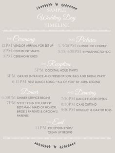 the wedding day schedule is shown in grey and white