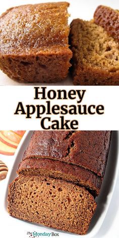 two pictures with the words honey appleauce cake on top and an image of sliced bread