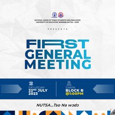 the first general meeting flyer is displayed on a white background with blue and orange geometric shapes