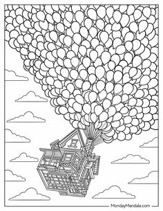 a coloring page with balloons floating in the sky