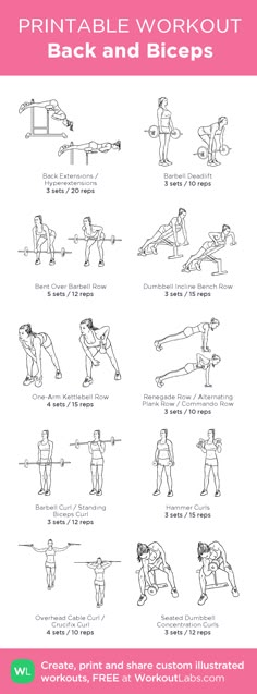 the printable workout poster shows how to do back and chest exercises for women in their home