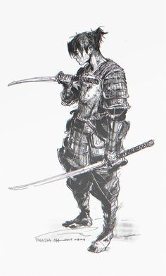 a black and white drawing of a man holding two swords