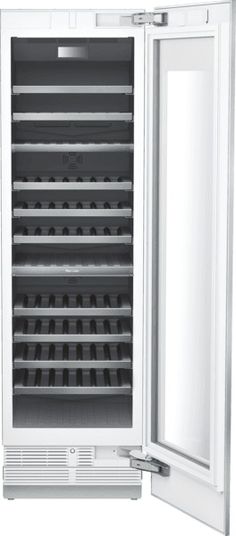 an empty refrigerator with its door open on a white background