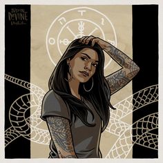 a drawing of a woman with tattoos on her arms and shoulder, standing in front of a clock