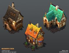 three different types of houses with roof tops